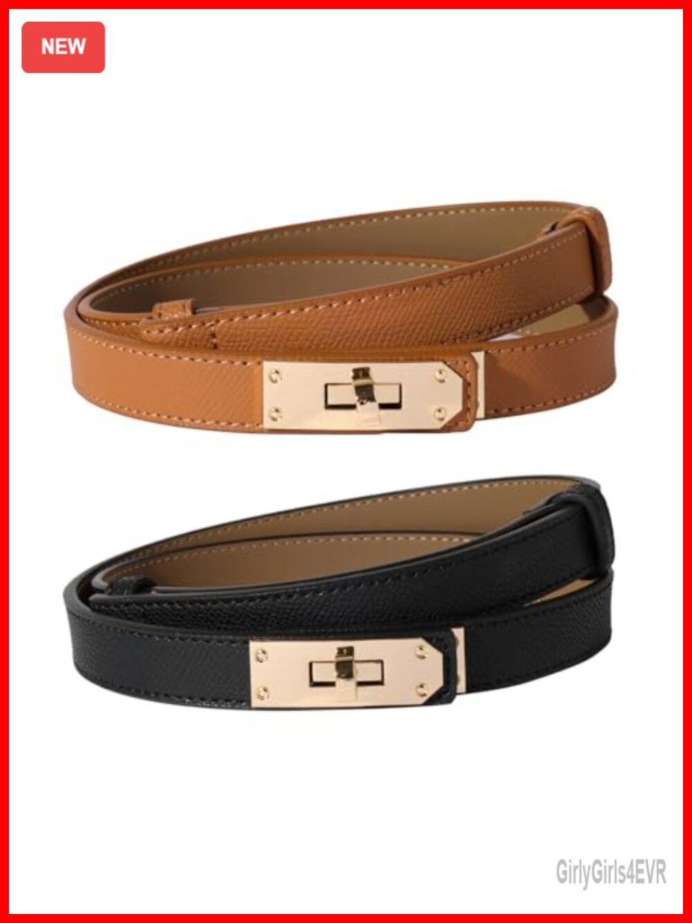 Women's Skinny Leather Belt Adjustable Waistband with Gold Alloy Turn Lock